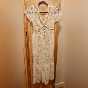 White Lace Dress with Rhinestone Detail and Pockets